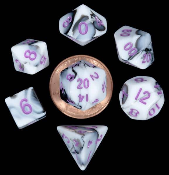 MDG Mini Marbled Black & White W/ Purple 7 Polyhedral Set image 0